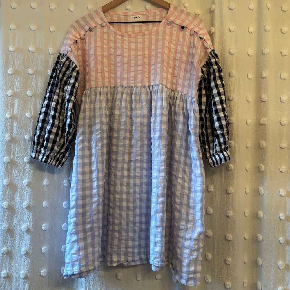 TACH Patchwork Gingham Mini Dress in Pink, Black & White